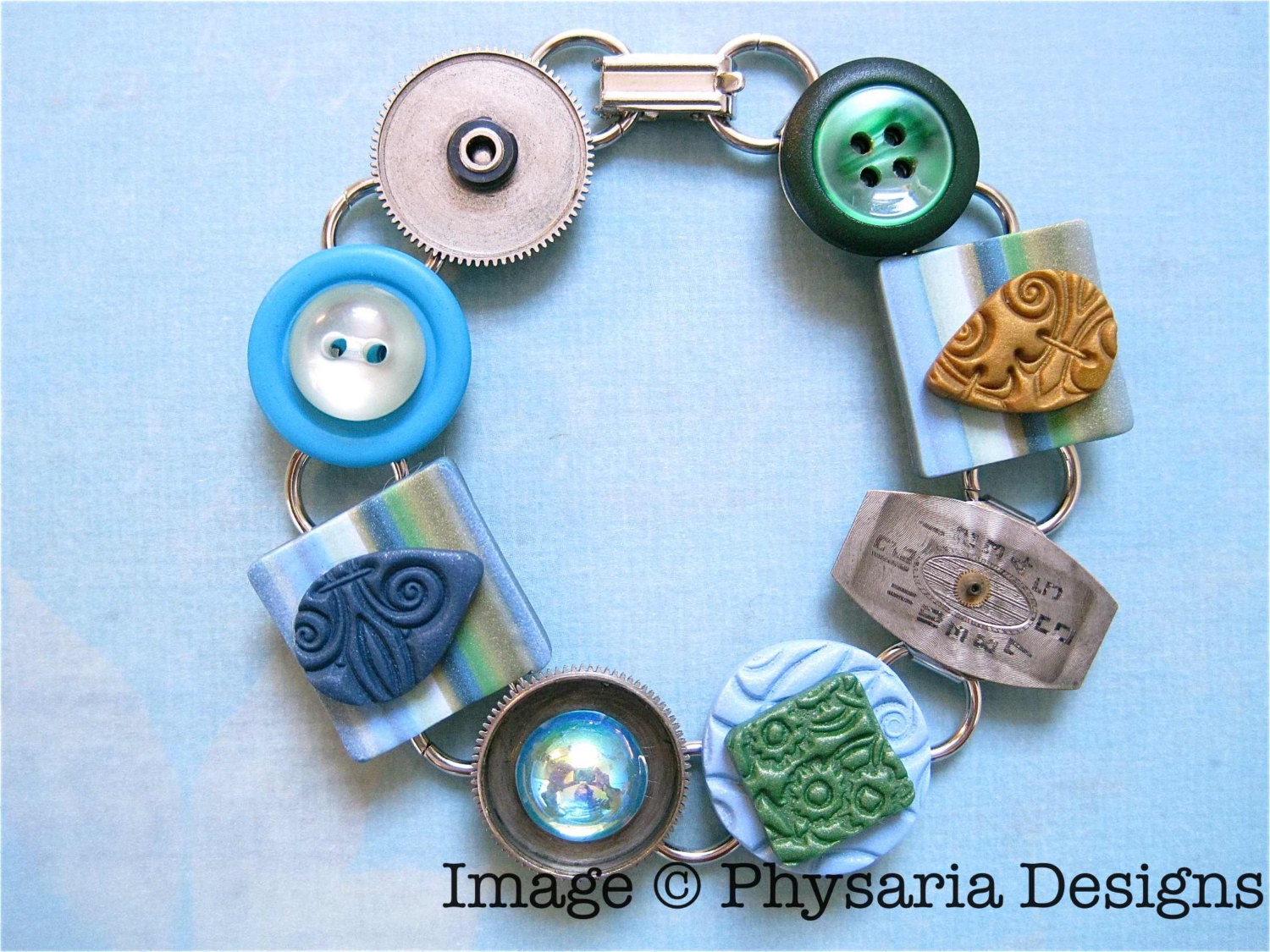 Assemblage Bracelet Upcycled Watch Parts Clay Tiles Blue Green Biggerer