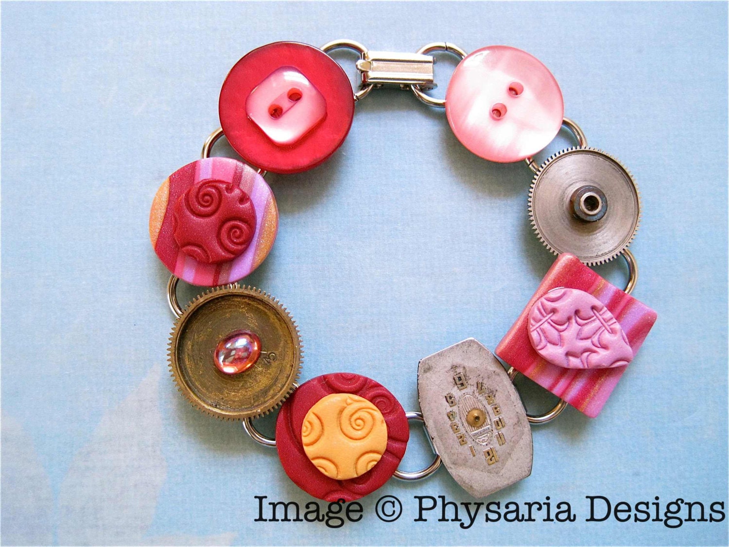 Assemblage Bracelet Upcycled Watch Parts Clay Tiles Red Pink Pop Wow