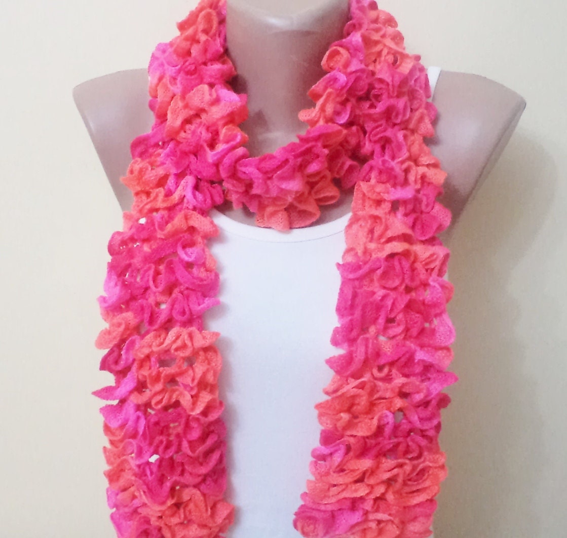 Frilly scarf, women accessory, 2013 fashion, Pink and Orange Knit Scarf, Fall Fashion, Ruffled Scarf, Valentine gift.