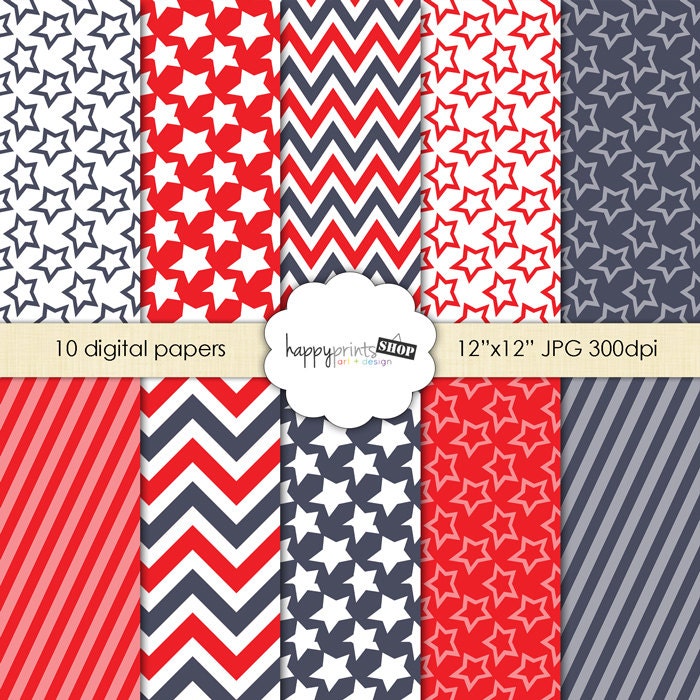 4th of July Paper - Patriotic Digital Paper Pack - Red, White & Blue Scrapbook Paper, Blog Background or Card Supply - INSTANT DOWNLOAD