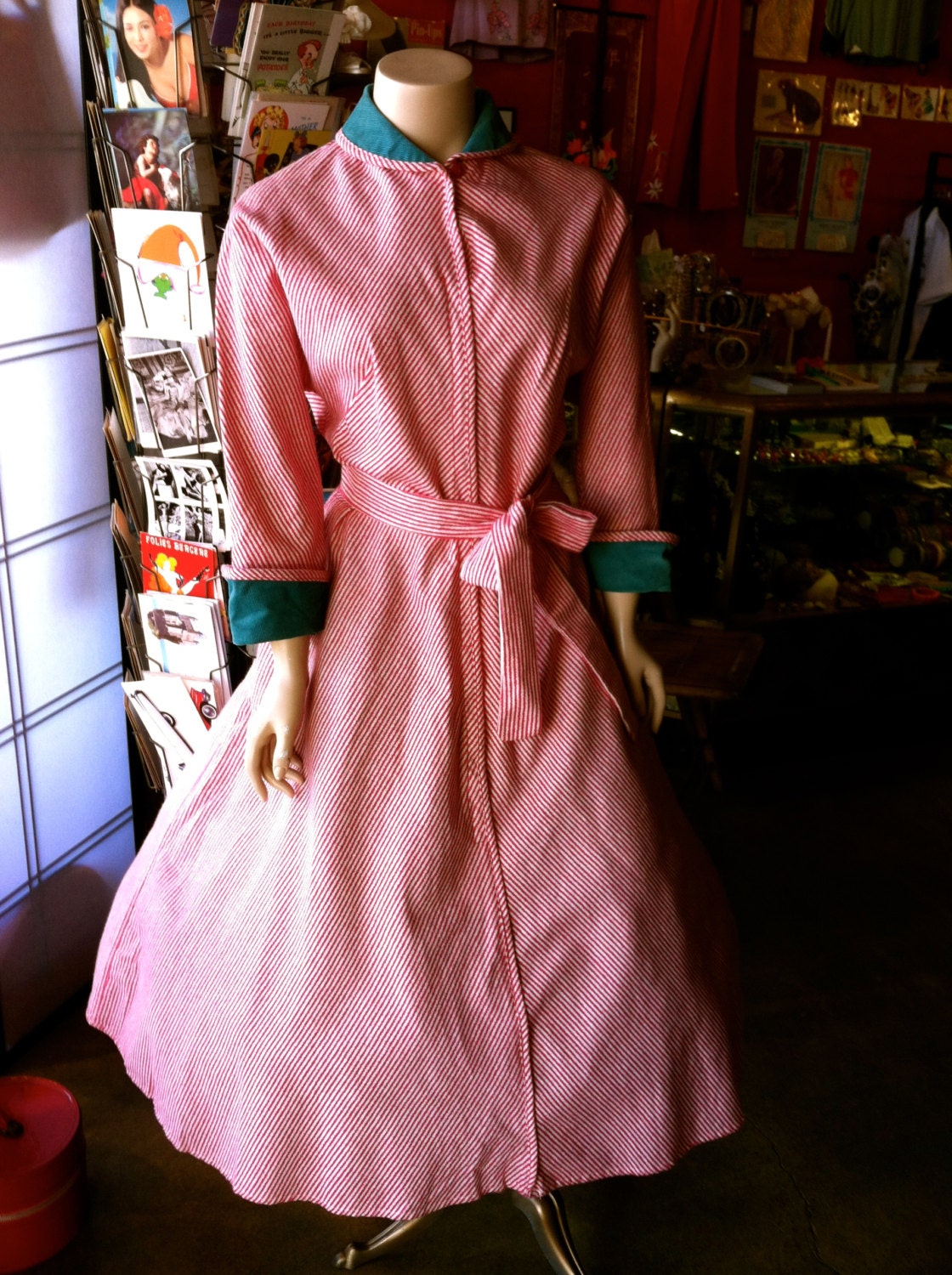 1950s Cotton Stripe Flannel Dress Cosy Large full skirted Paintset
