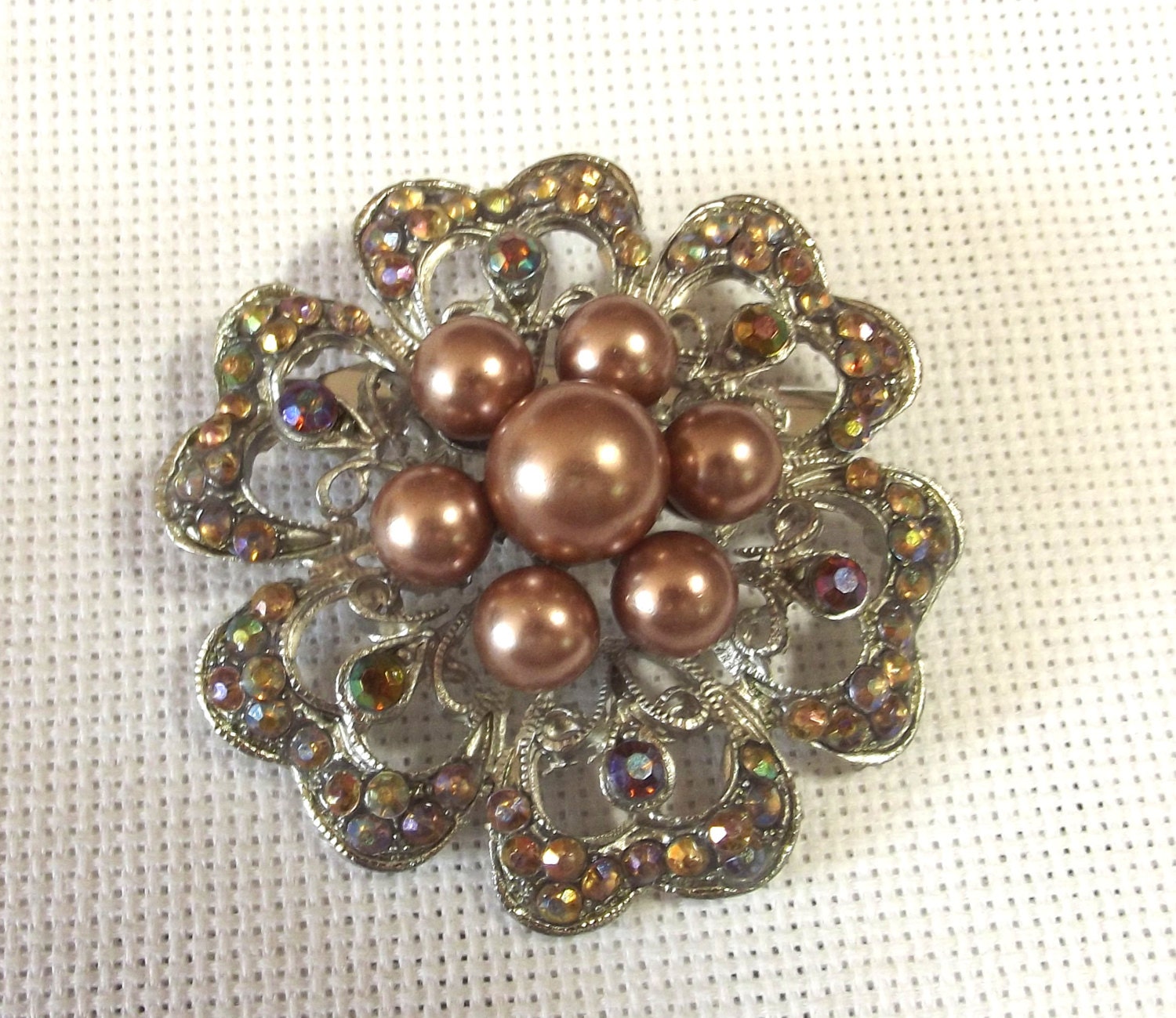 Chocolate Pearl Brooch, Aurora Borealis Crystal, Flower, Vintage Style, Bling, Wedding Supply