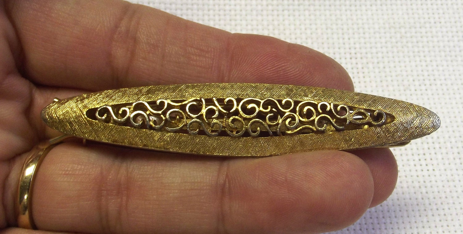 Gold Tone Barrette, Vintage Hair Accessory, Retro, Satin Finish, Rococo Scroll Design, Classic Hair Clip