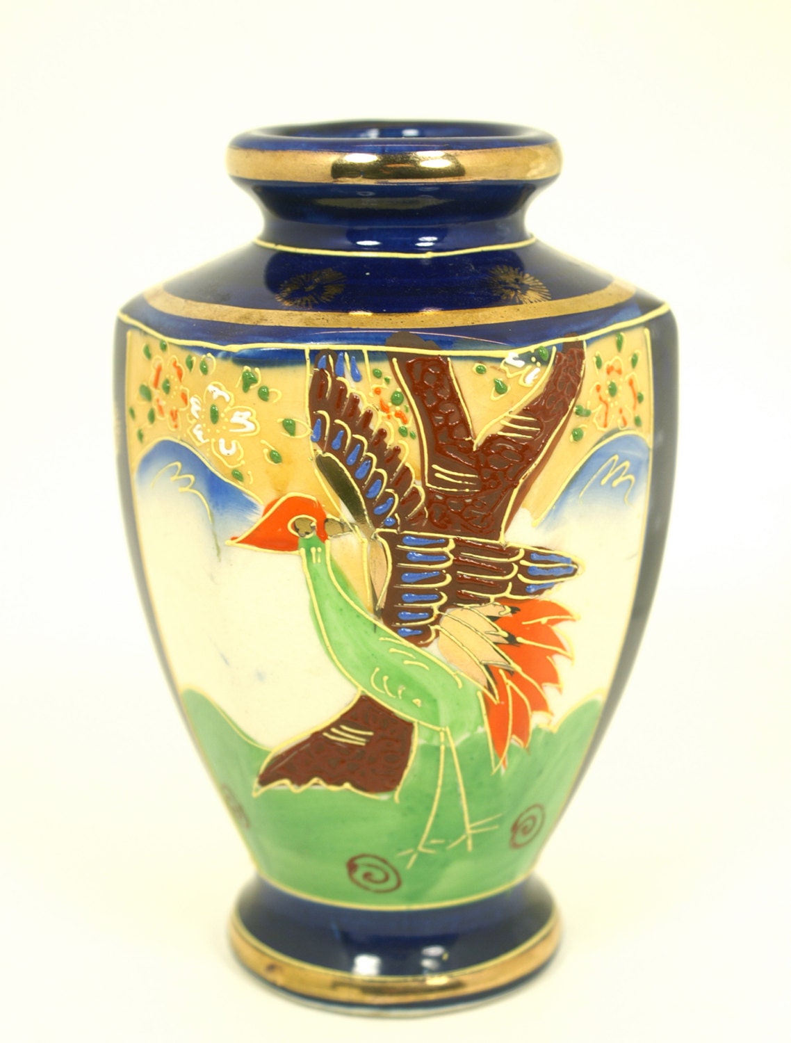 Vintage Japanese Vase Cobalt Blue Ceramic with Painted Bird and Gold Trim