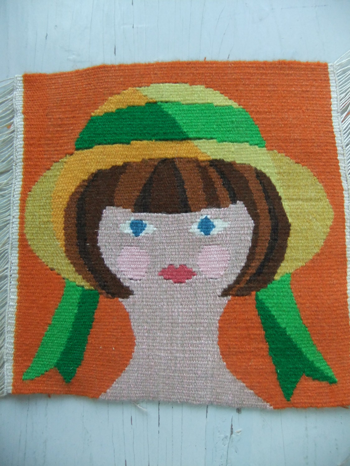 Vintage Swedish hand woven tapestry in Flemish weave Girl with hat