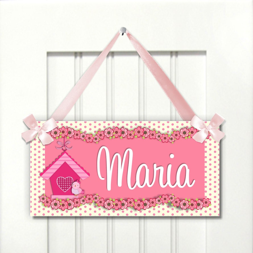 pinky birdhouse with a cute little bird - baby girl door sign nursery bedroom decor