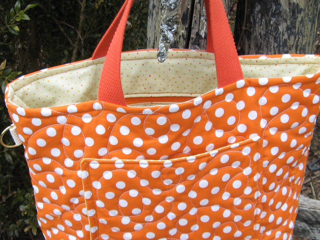 Handmade quilted tote bag, Orange polka dot tote bag,  large tote bag, carry all bag for everyday, beach, crafts, knitting or diapers