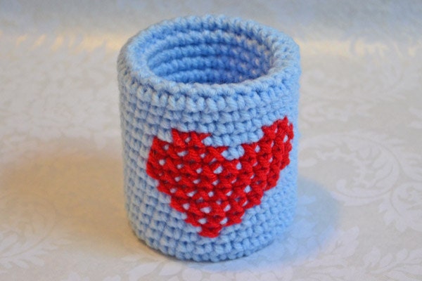 Blue Pencil Holder With Red Heart Upcycled Can
