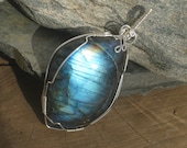 Blue Labradorite Swirl Pendant, Sterling Silver fill Wire Wrapped