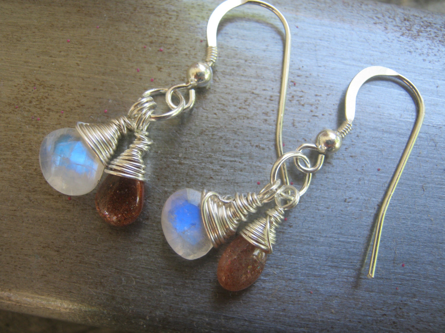 Sunstone and Moonstone Teardrop Briolette Earrings, Wire Wrapped, Sterling Silver