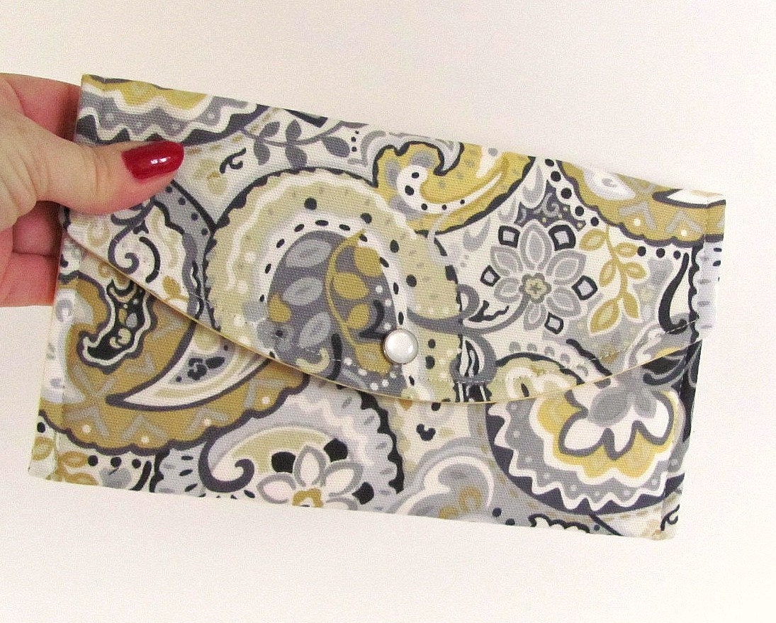 Clutch Purse Grey Yellow and Slate Paisley Wallet Bridesmaid 's Clutch for Summer Wedding