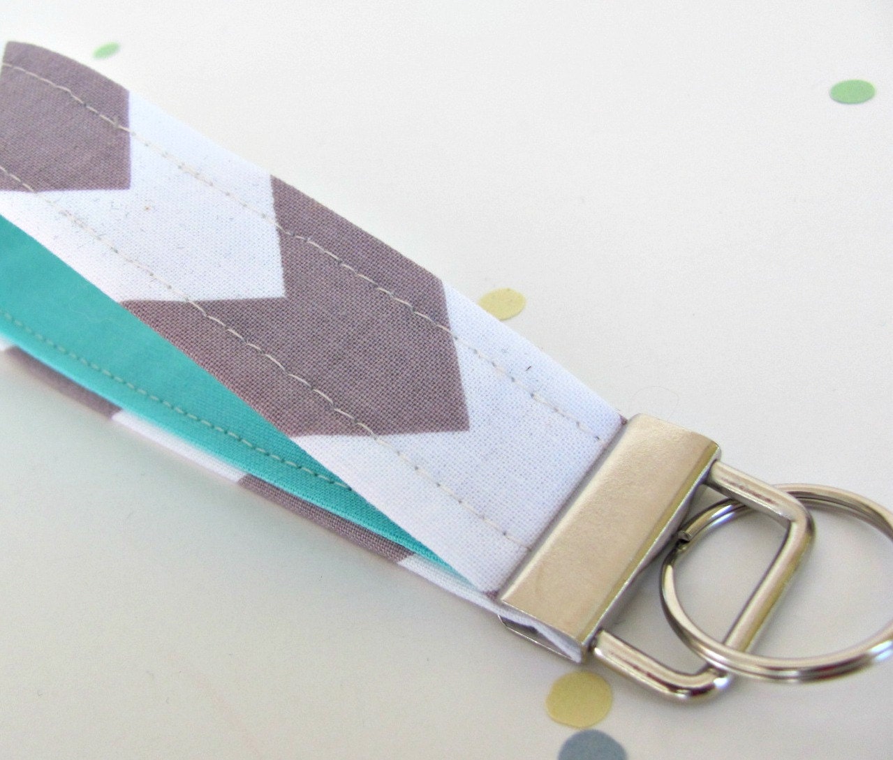 Grey Chevron Key Fob Wristlet Keychain - Grey White Chevron Keyfob with Aqua Fabric Key Chain Key Strap Woman's Accessories