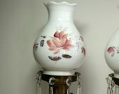 Vintage antique milk glass crystal hurricane lamps electric pink roses brass boudoir