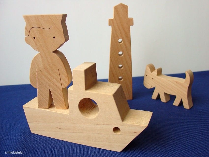 Wooden toy - sailor - boy and sea - boy, ship, lighthouse and dog - seaman - gift for boy