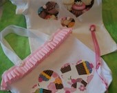 Childrens accessories, tote bag and Tshirt, sz 24 mths, with heart appliques, cupcake print, and pony tail holder.