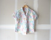80s blouse, 1980s blouse, short sleeved shirt, scribble blouse, crop top