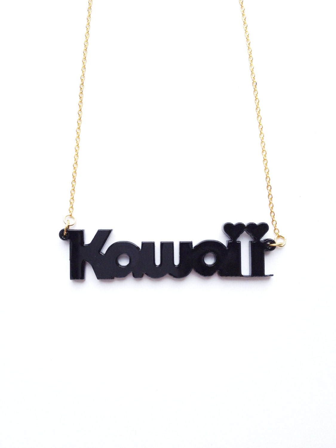 Cutie Kawaii Japanese word Laser cut charm gold necklace Black :) Happy Kitty cat fun jewelry xoxo