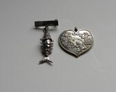 Antique very rare Japanese Silver Large Heart Animal Pendent with Sterling Coy Fish Moveable Pin marked