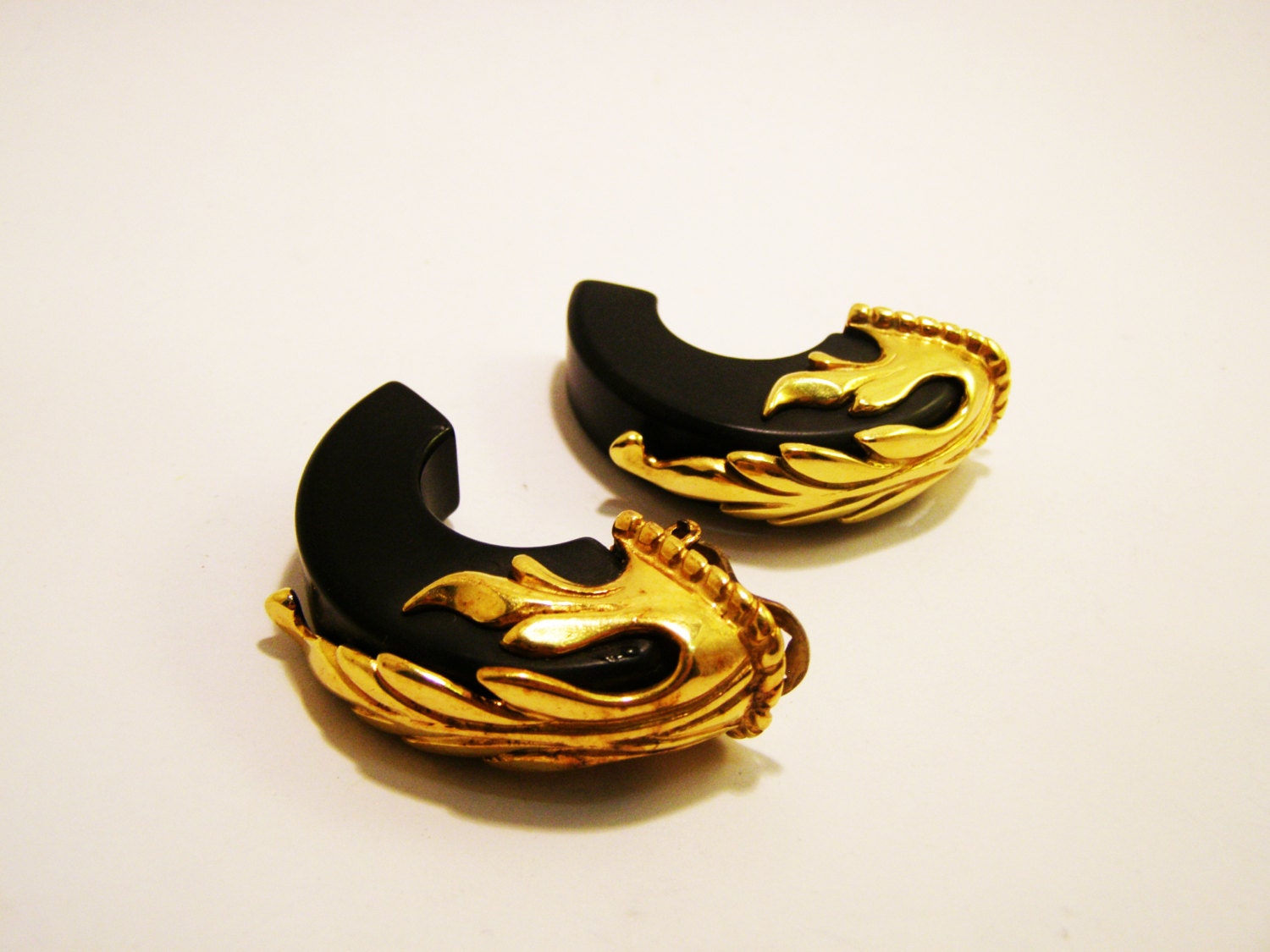 Vintage Inna Cytrine Paris Black Lucite Gilded Hoop Clip Earrings