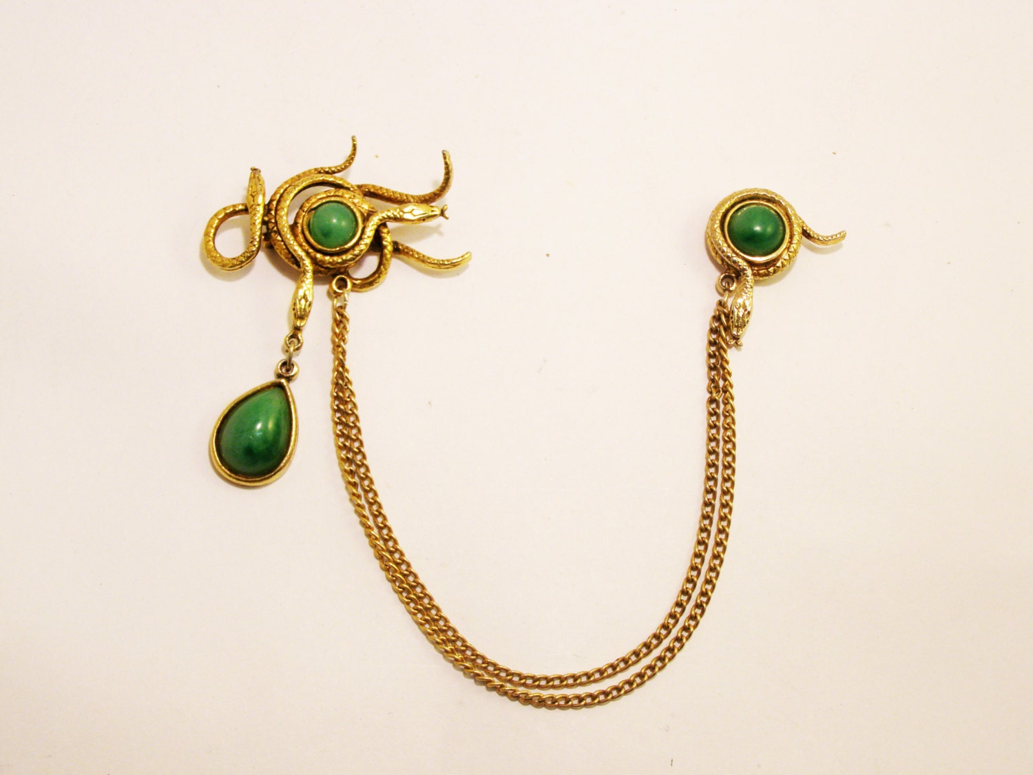 Vintage Swirling Snake Jadeite Cabochon Chatelaine Pin