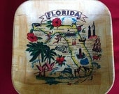 Vintage Florida Map Bamboo Bowl Basket Souvenir