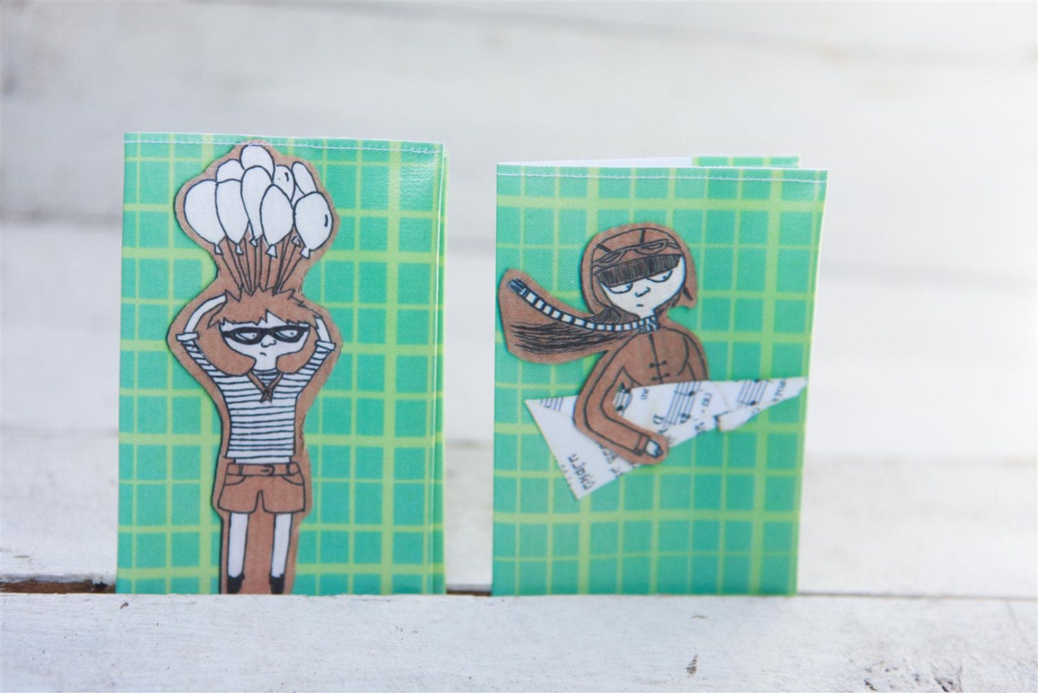 Passport Cover Case in Beige and Green.Boy with ballons and a girl on the plane.Honeymoon gift.Water proof vynil cover.Couple gift