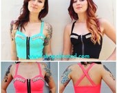 Studded Bustier Crop Top Tank Top - Coral OR Mint OR Black- Silver Zipper - Silver Studs-