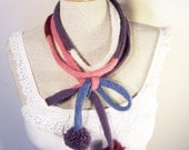 Knitted Skinny Scarf, Pom pom Scarf, Lariat, Extra Long Scarf, Necklace, Lariat, UK Seller