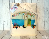 Vintage Blue Caravan Illustration Eco Cotton Tote Bag