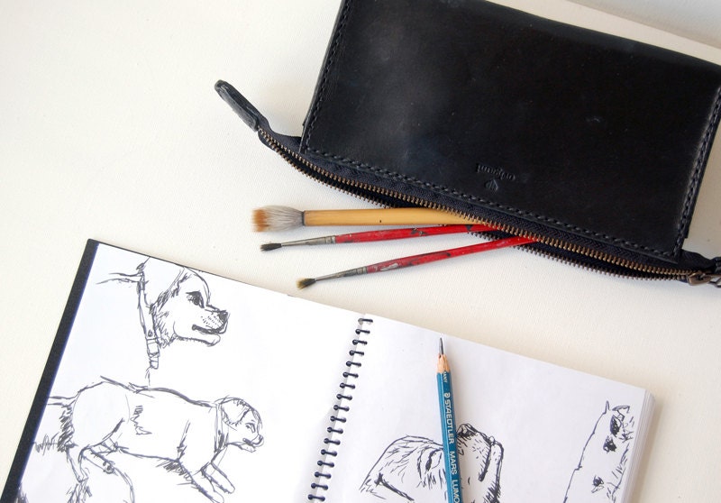 Handmade Black Leather Zipped Cosmetic / Pencil Case