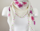 Cream scarf, Multicolor, authentic, romantic, Turkish Yemeni OYA Scarf, scarf, elegant, fashion, Floral