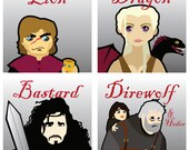 Game of Thrones poster set - Four 8.5" square prints of Tyrion, Jon Snow, Daenerys, Bran Stark & Hodor