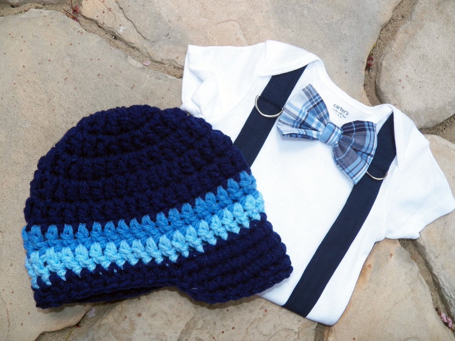 GET THE SET - Baby Boy Bowtie & Suspender Onesie with Newsboy Hat - Blue Plaid Bowtie - Birthday, Baby Shower, Wedding