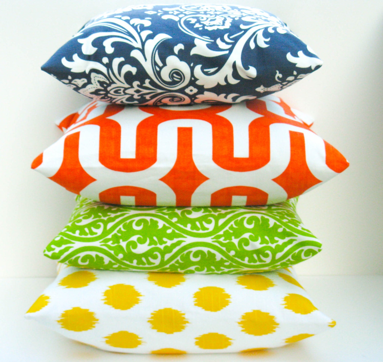 Throw Pillow Covers 18x18  Bright Pillow Lime Green Yellow Ikat Orange Pillow Navy Pillow Pillow Sets Printed fabric front and back