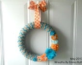 Modern Blue Teal Chevron Burlap wrapped wreath with Orange and Blue Flowers