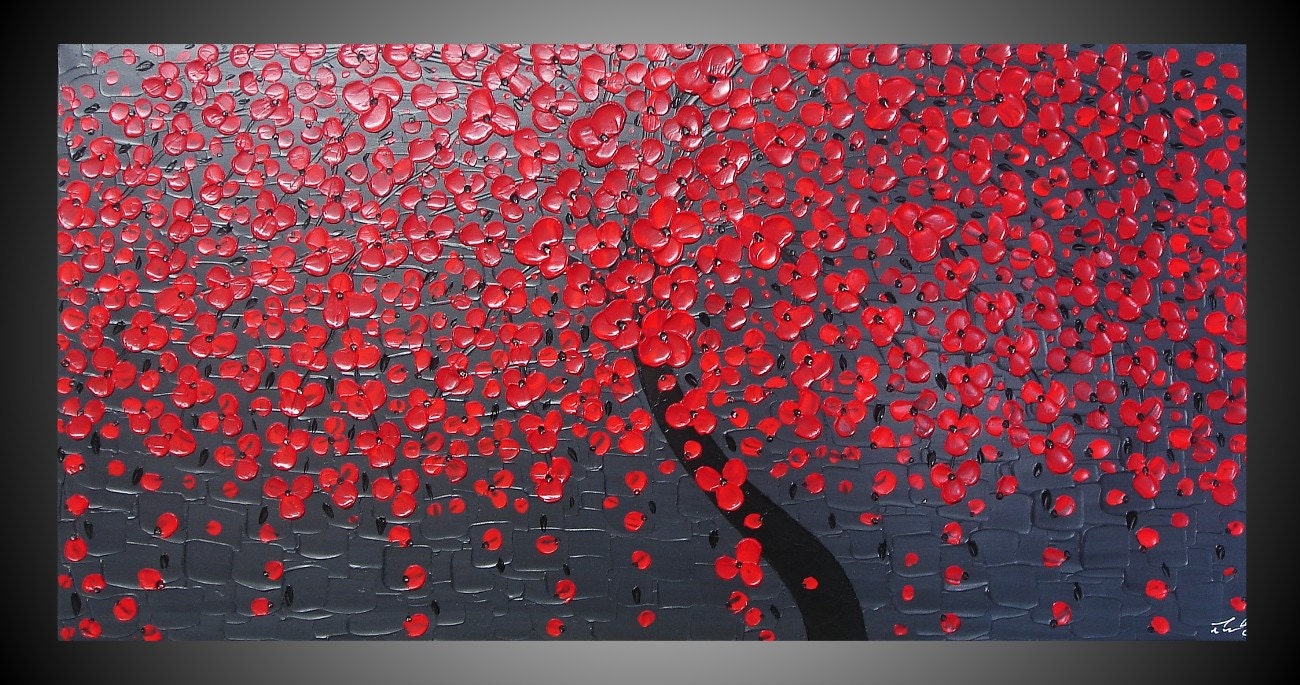 48" x 24" Abstract Acrylic Painting large Canvas Art Cherry Tree Red Blossom Grey Black Textured 3D Wall Deco Ready to Hang FREE SHIPPING