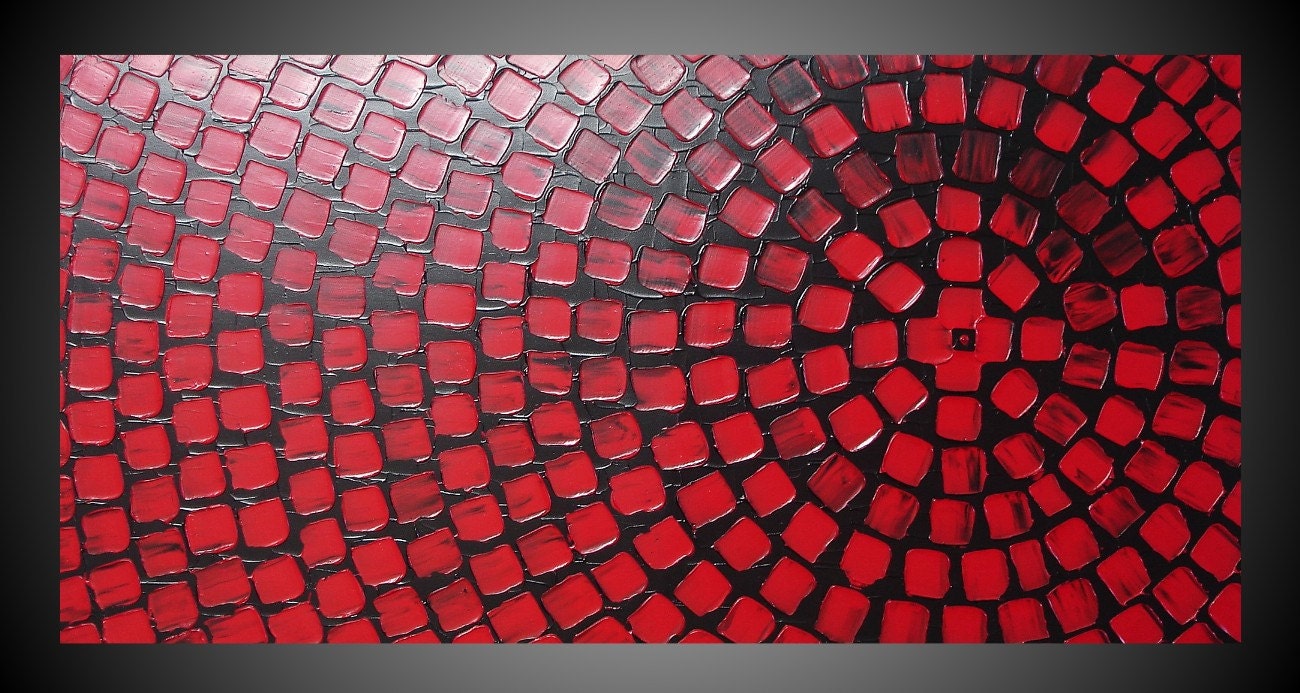 48 x 24 ORIGINAL Abstract Acrylic Painting Art Deco Textured Black Red Squares Modern Ready to Hang FREE SHIPPING