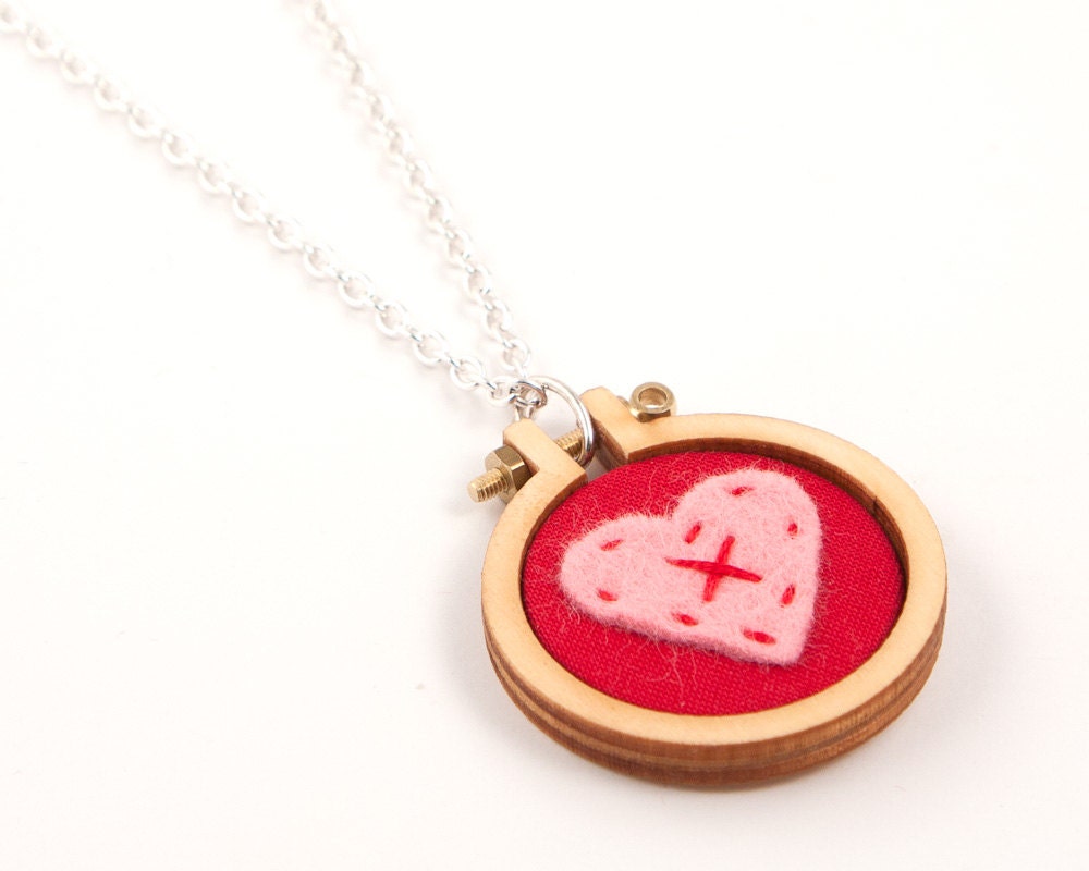 LOVE HEART embroidery hoop necklace - red, pink, grey, blue, hot pink - cross my heart - made with love by dandelyne