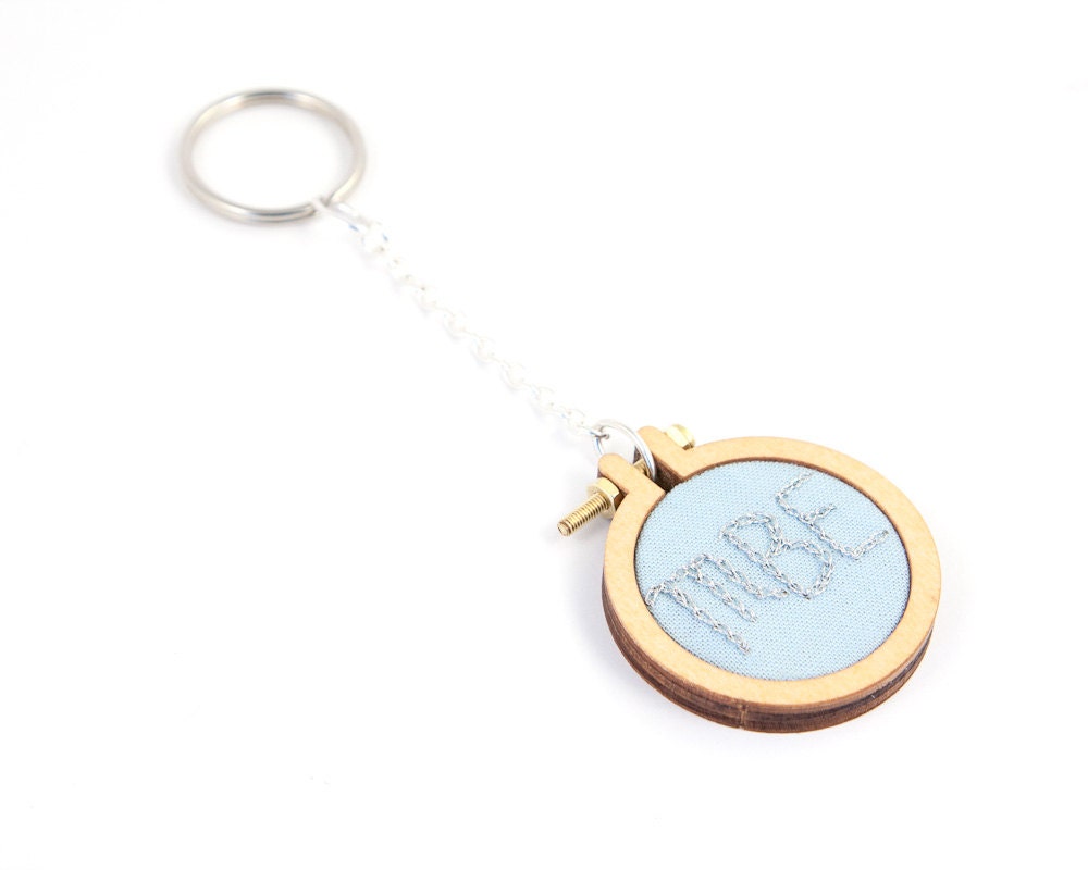 Custom initial keyring - embroidered and personalised in a miniature embroidery hoop frame - blue and silver - made with love by dandelyne