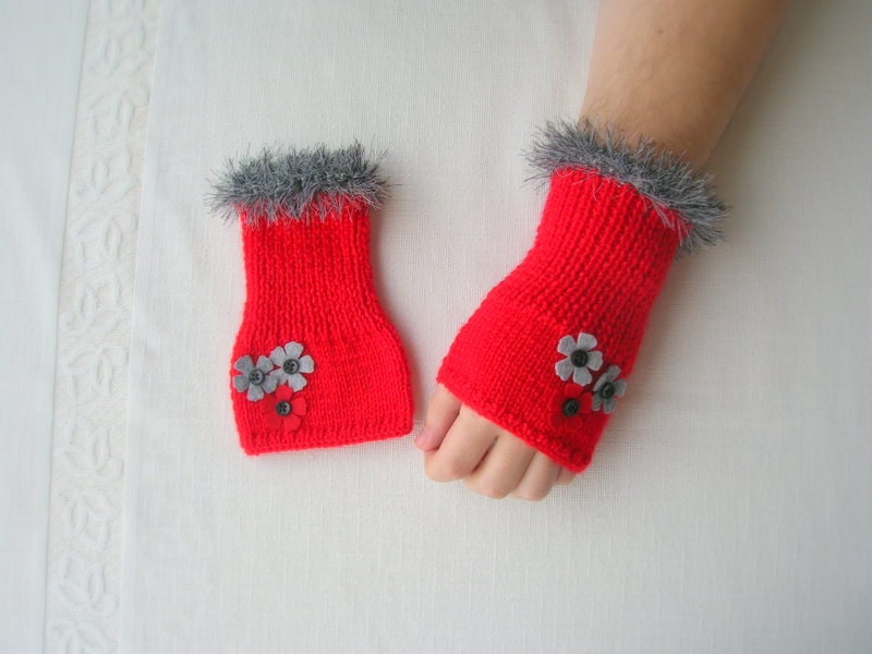 Red and gray hand-knitted fingerless gloves