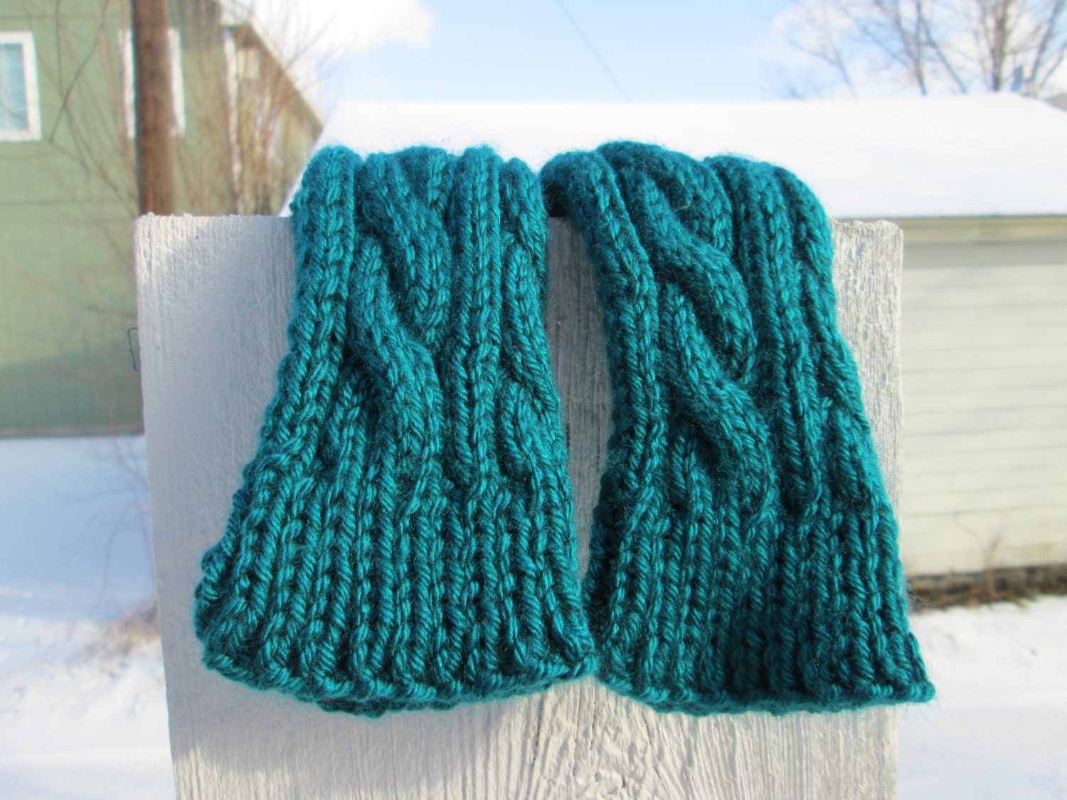 Dark Teal Knit Wrist Warmers with Cables - Made to Order