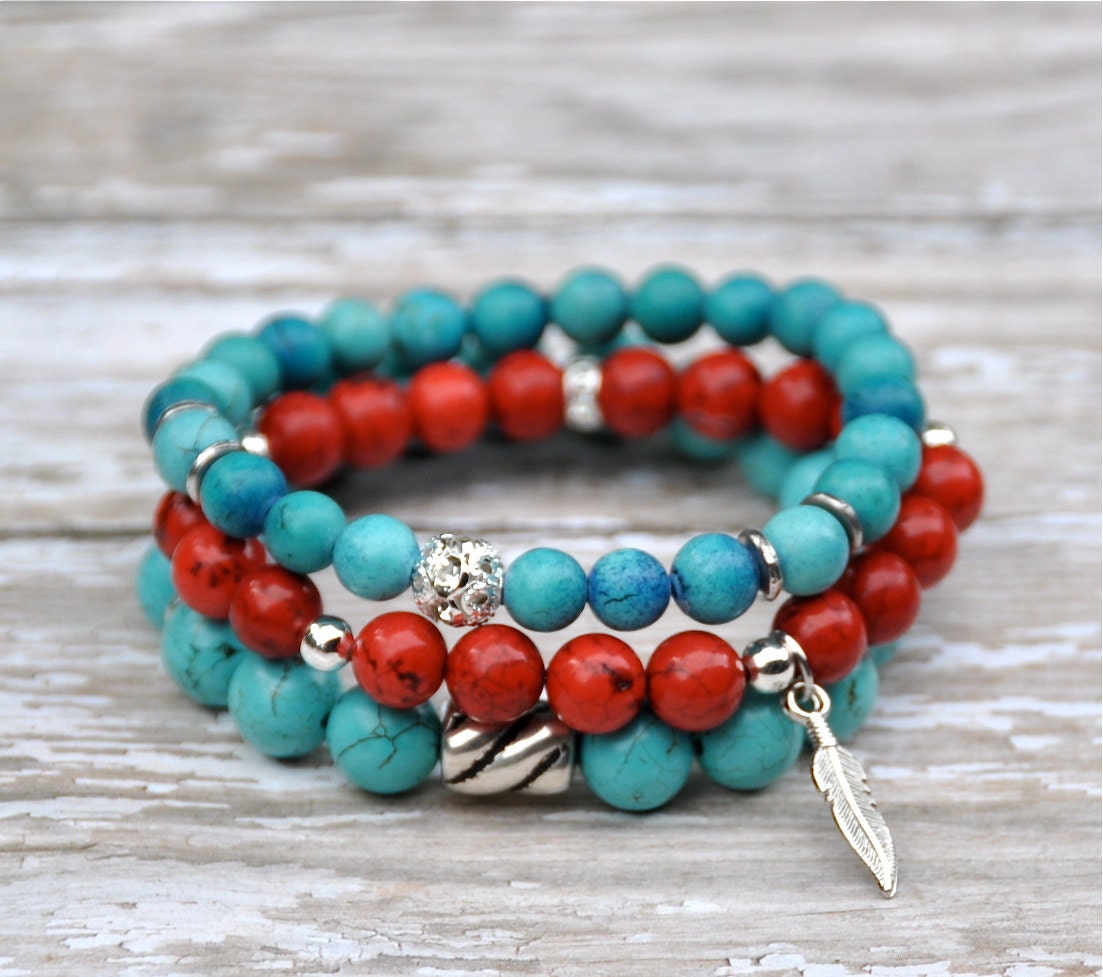 NEW Turquoise and Red Western Beaded Bracelets / Santa Fe Style / Set of 3