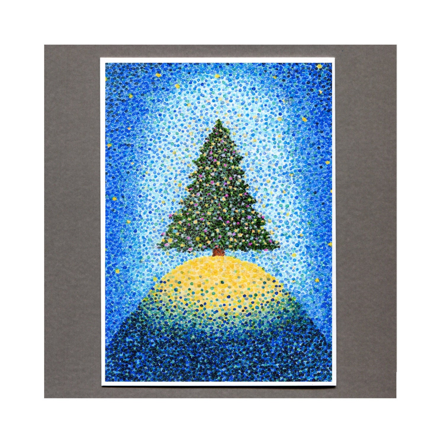 Christmas Tree Card, Christmas Greeting Card, 5x7 Pointillism Print