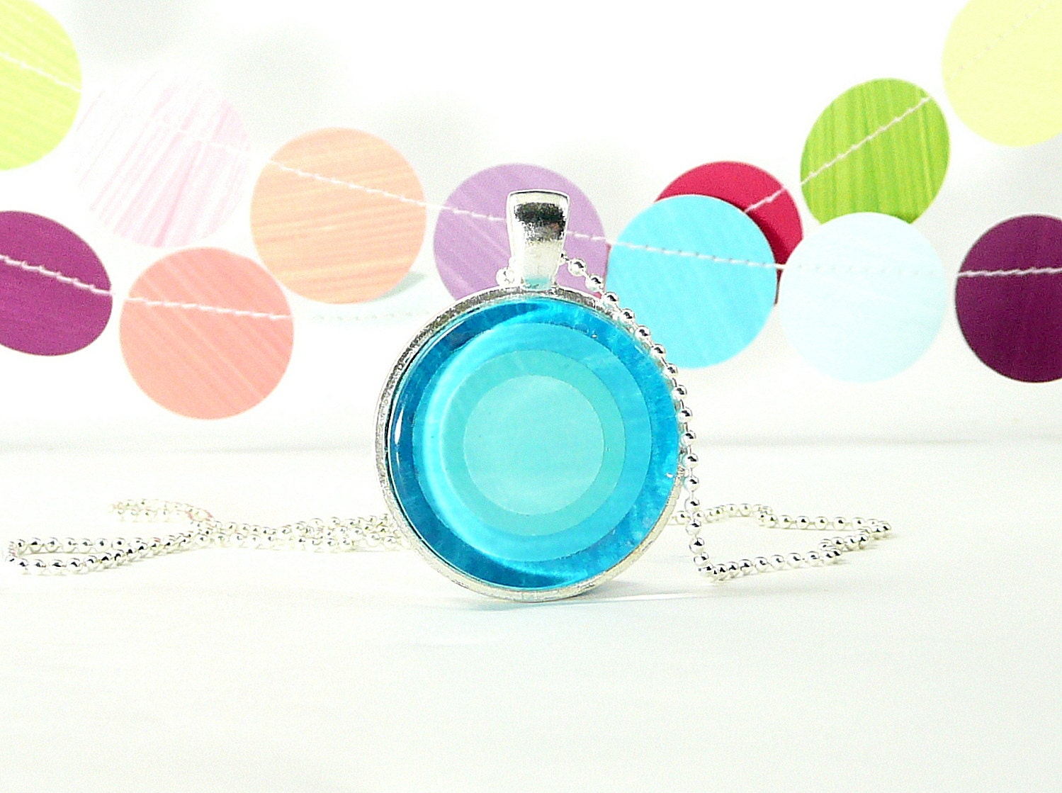 Blue Circles Necklace, Glass Pendant on Shiny Silver Chain