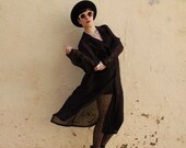 90s Vintage  Shirt/Dress/Jacket - Black  Sheer Fabric w Satin buttons-  Amazing Drape