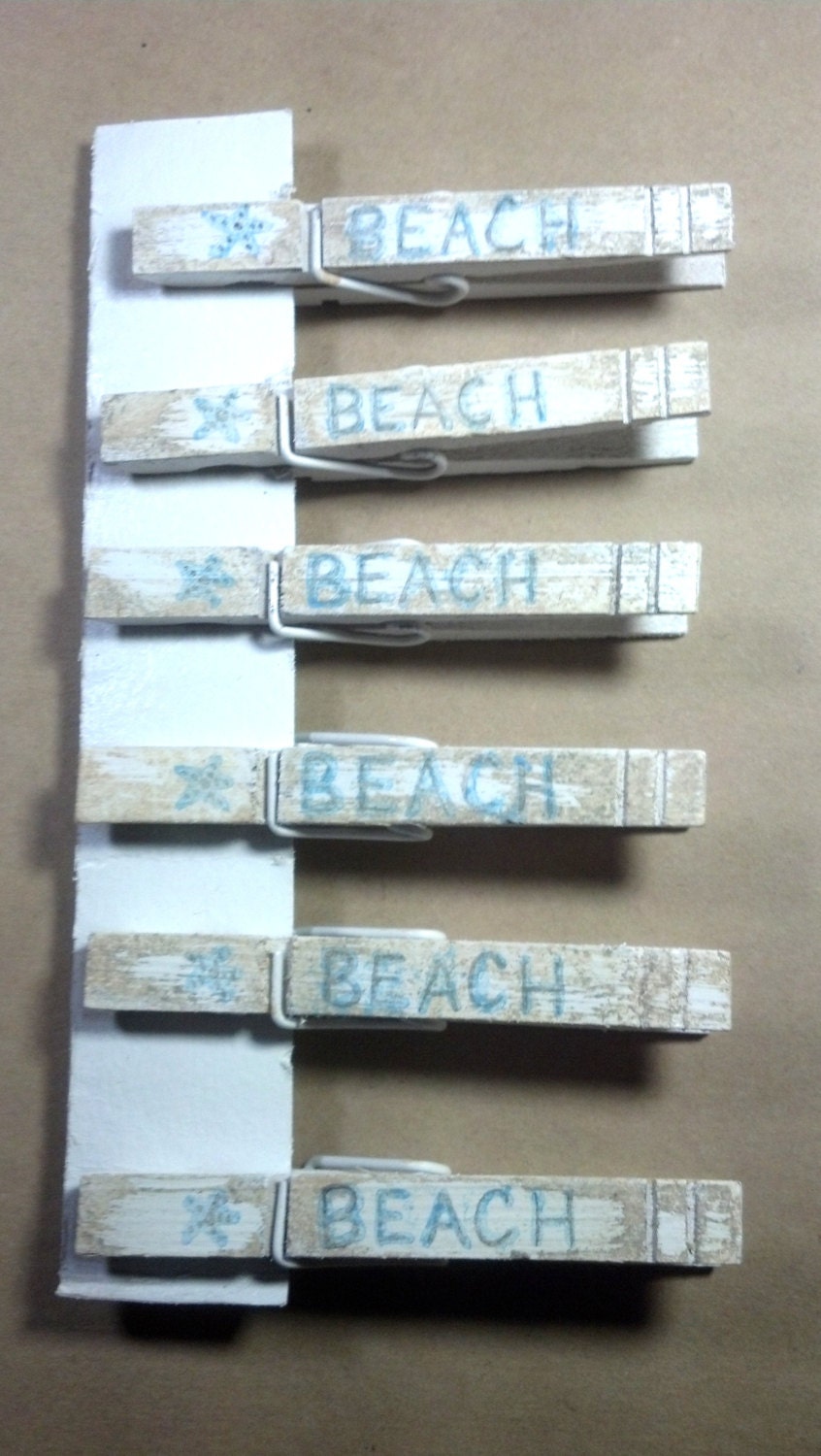 Beach Clothespin, Distressed Wood Clip, Party Favor, Wedding Favor, Shabby Chic Set of 6, Handpainted
