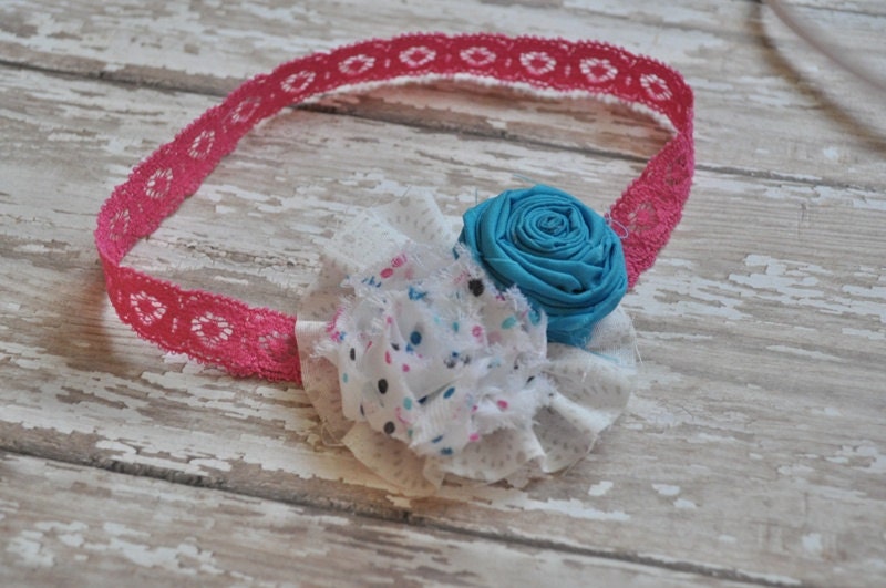 Dot to dot. Turquoise rosette, shabby white multi color dot, with white and grey print ruffle on hot pink lace headband