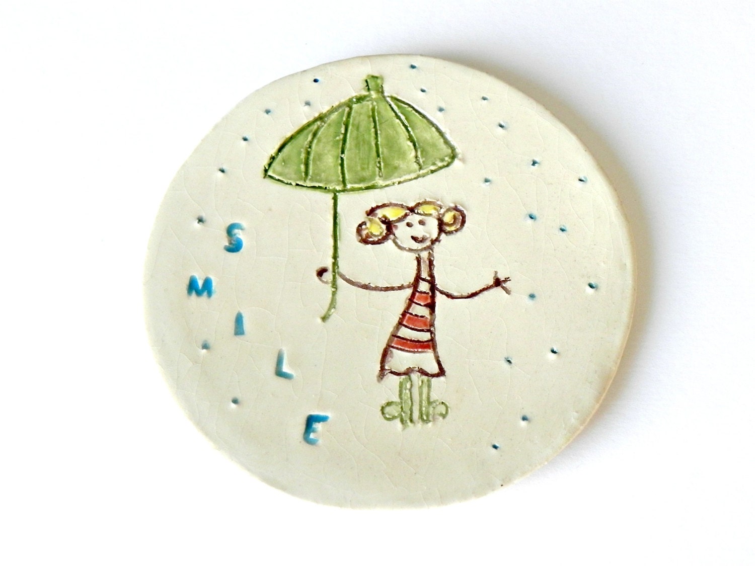 Round Dish Smile Ceramic Plate Umbrella Pottery White Eco Friendly Rain Ring Bowl OOAK - Ceraminic