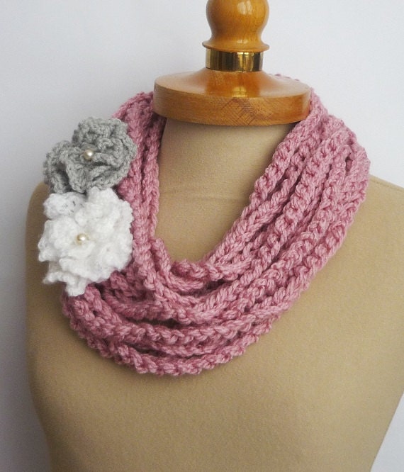 Pink Infinity Scarf, Crochet Chain Necklace, pink color,scarflette, gift under 20, 2 Flowers Crochet - grey and white color