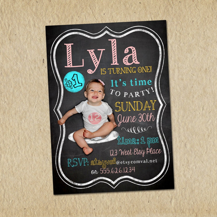 First Birthday Invitations - Childrens Milestone Birthday - Blackboard, Chalkboard, PHOTO - Custom, Digital, Printable Designs Il_170x135